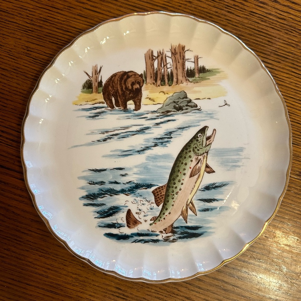 Vintage Hand Painted Bear and Trout Plate